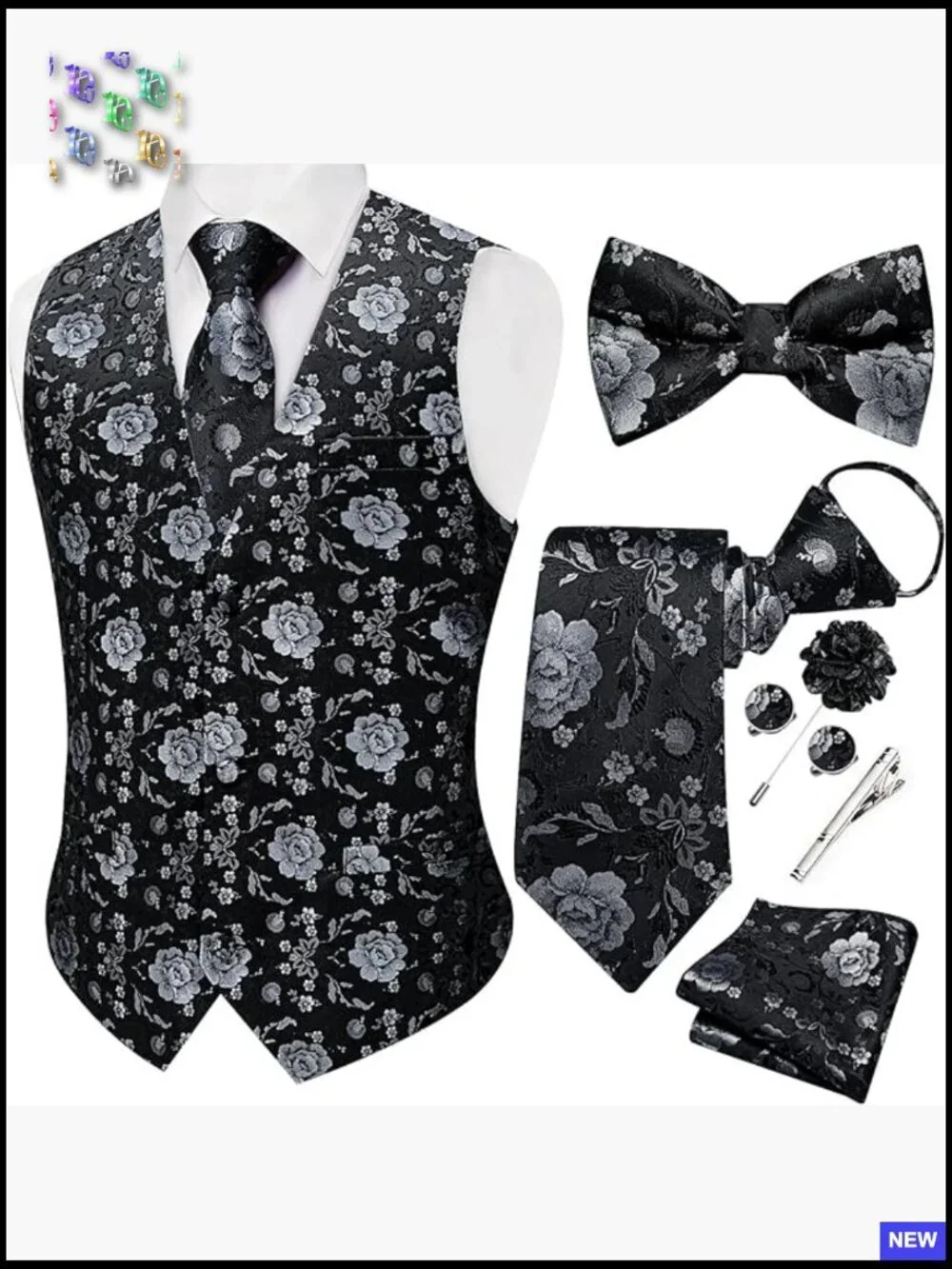 Men's Silk Jacquard Vest Set Formal Classic Elegant Wedding Party Wear 7PCS